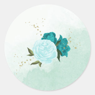 turquoise flowers green leaves wedding classic round sticker