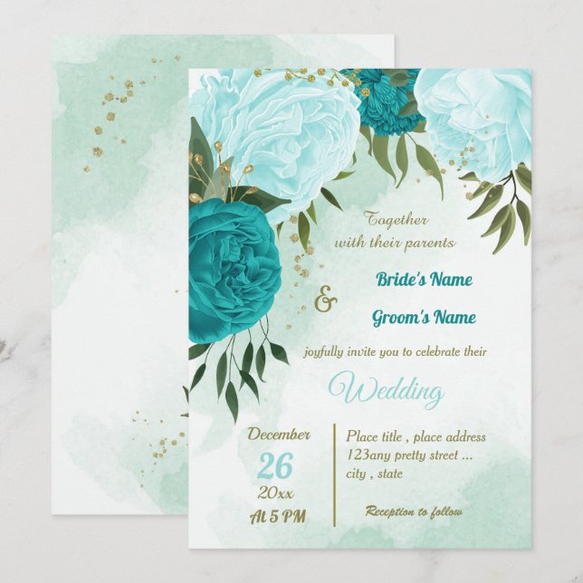 turquoise flowers green leaves wedding invitation (Front/Back)
