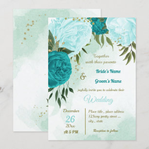 turquoise flowers green leaves wedding invitation