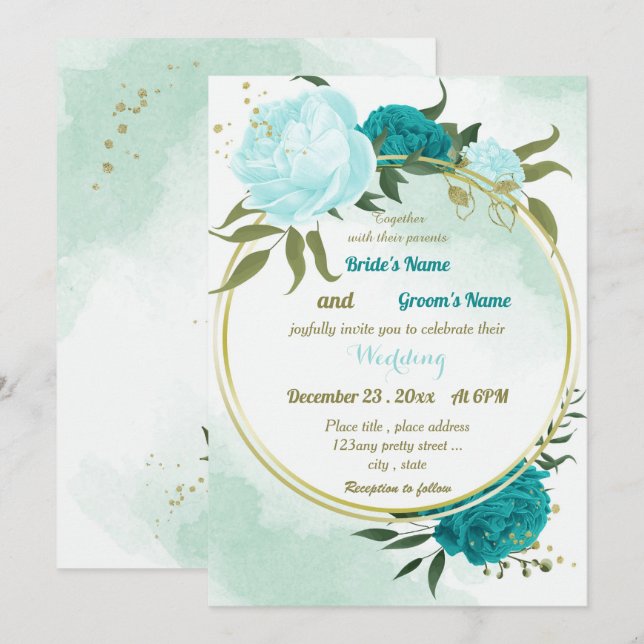 turquoise flowers green leaves wedding invitation (Front/Back)