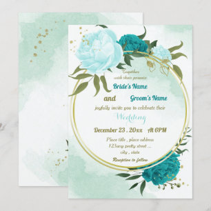 turquoise flowers green leaves wedding invitation