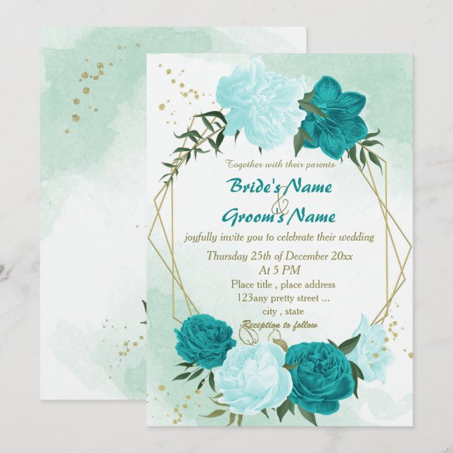 turquoise flowers green leaves wedding invitation (Front/Back)
