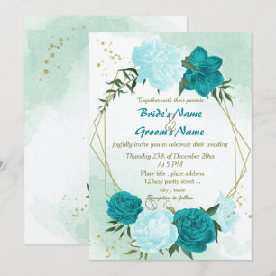 turquoise flowers green leaves wedding invitation