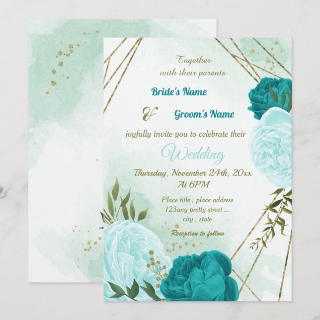 turquoise flowers green leaves wedding invitation (Front/Back)