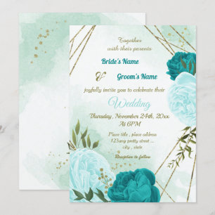 turquoise flowers green leaves wedding invitation