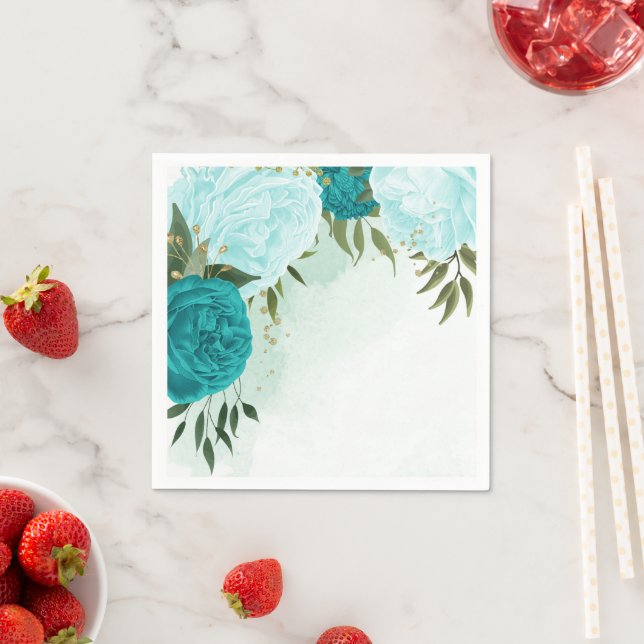turquoise flowers green leaves wedding napkin (Insitu)