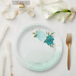turquoise flowers green leaves wedding paper plate