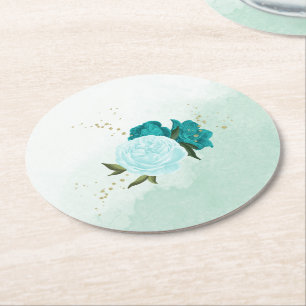 turquoise flowers green leaves wedding round paper coaster