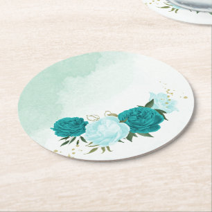 turquoise flowers green leaves wedding round paper coaster