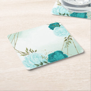 turquoise flowers green leaves wedding square paper coaster