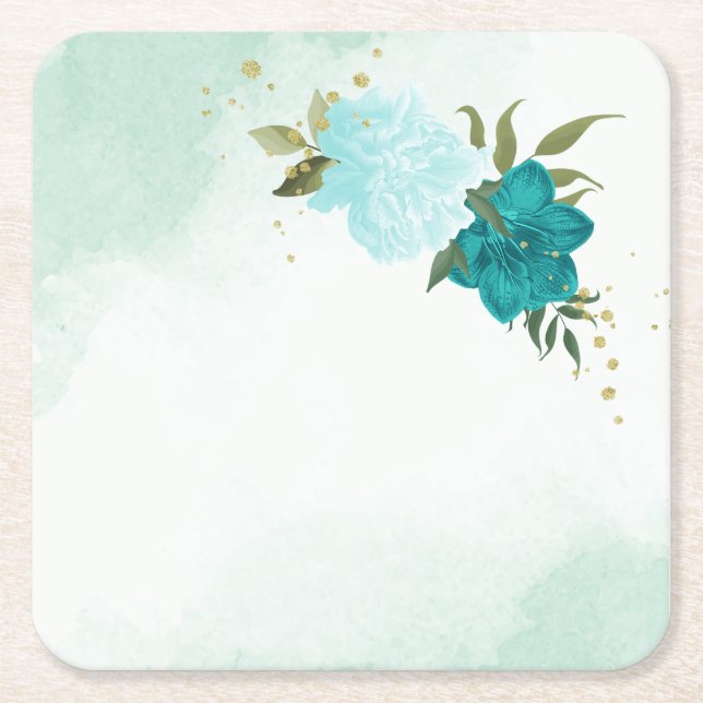 turquoise flowers green leaves wedding square paper coaster (Front)