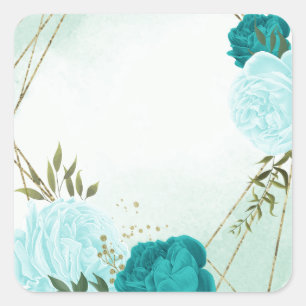 turquoise flowers green leaves wedding square sticker