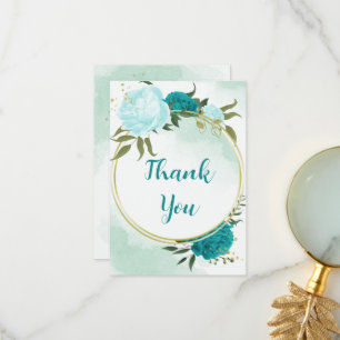 turquoise flowers green leaves wedding thank you card
