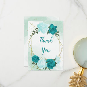 turquoise flowers green leaves wedding thank you card