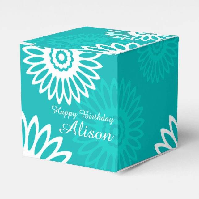 Turquoise flowers Happy Birthday Name Favorbox Favour Box (Front Side)