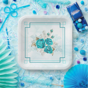 Turquoise Flowers Party Paper Plates 