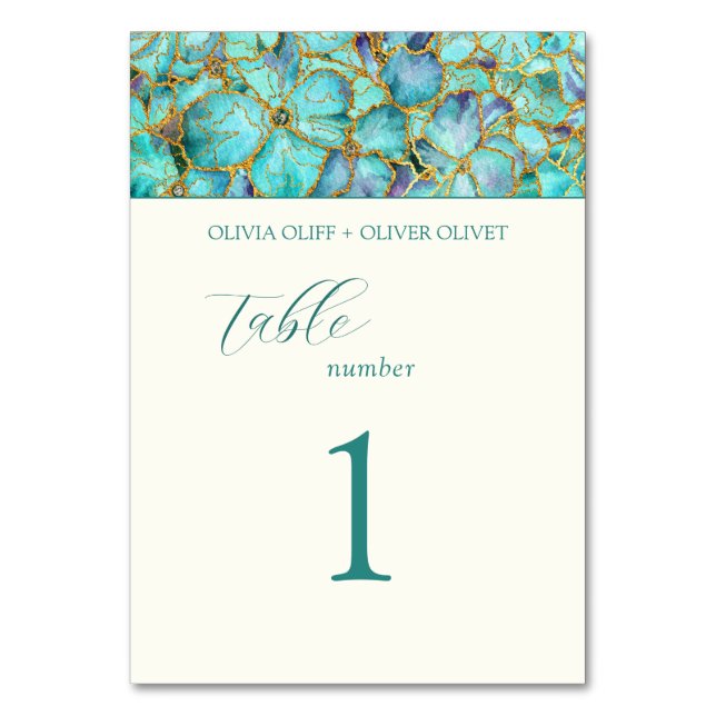 Turquoise Flowers Wedding Table Number (Front)