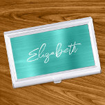 Turquoise Foil Modern Brush Script First Name Business Card Holder<br><div class="desc">A first name business card case holder for her. The script is a lovely, brush stroke modern handwritten script that is a perfect gift for her. The decorative brush stroke style may require you to re-centre your given name. You may also customise the font colour and calligraphy style. The background...</div>