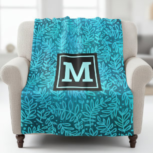 Turquoise foliage leaves pattern modern monogram fleece blanket