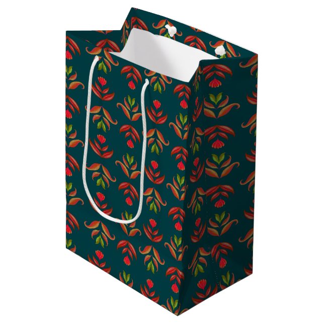 Turquoise Folk Art Floral Print Cosy Rustic Autumn Medium Gift Bag (Front Angled)