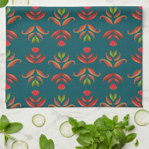 Turquoise Folk Art Floral Print Cosy Rustic Autumn Tea Towel
