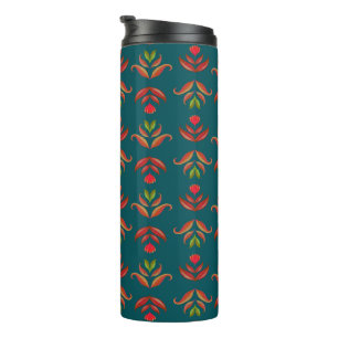 Turquoise Folk Art Floral Print Cosy Rustic Autumn Thermal Tumbler