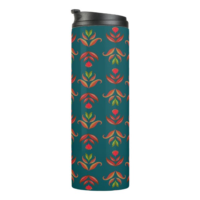 Turquoise Folk Art Floral Print Cosy Rustic Autumn Thermal Tumbler (Rotated Right)