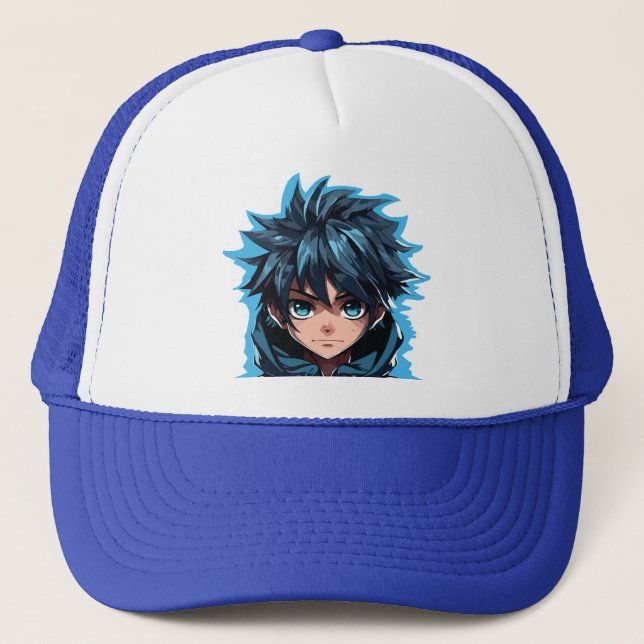 Turquoise Force: Anime-Style Manga Boy Trucker Hat (Front)