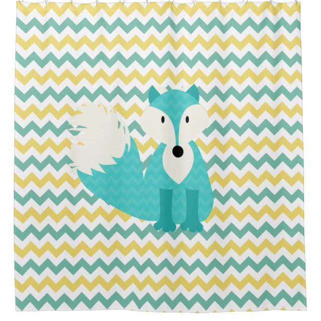 Turquoise Fox on Teal and Yellow Chevron Stripes Shower Curtain (Front)