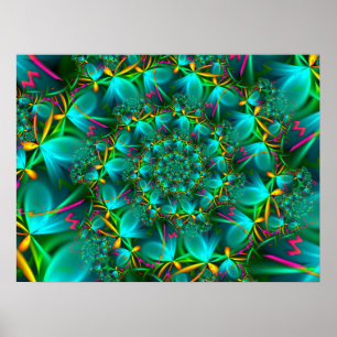 Turquoise Fractal Flower Poster