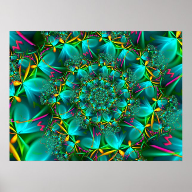 Turquoise Fractal Flower Poster (Front)