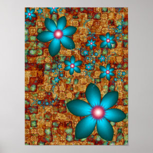 Turquoise Fractal Flowers Poster