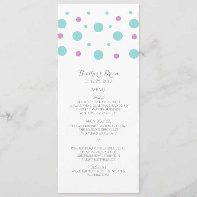 Turquoise Fuchsia Confetti Wedding Menu (Front)