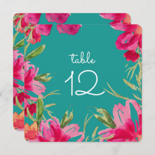 Turquoise Fuchsia Floral Table Number Cards