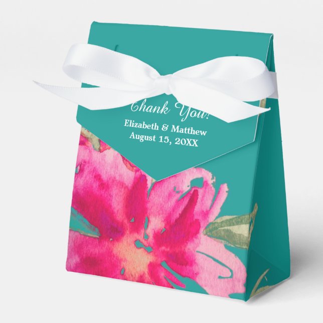 Turquoise Fuchsia Floral Watercolor Wedding Favour Box (Front Side)
