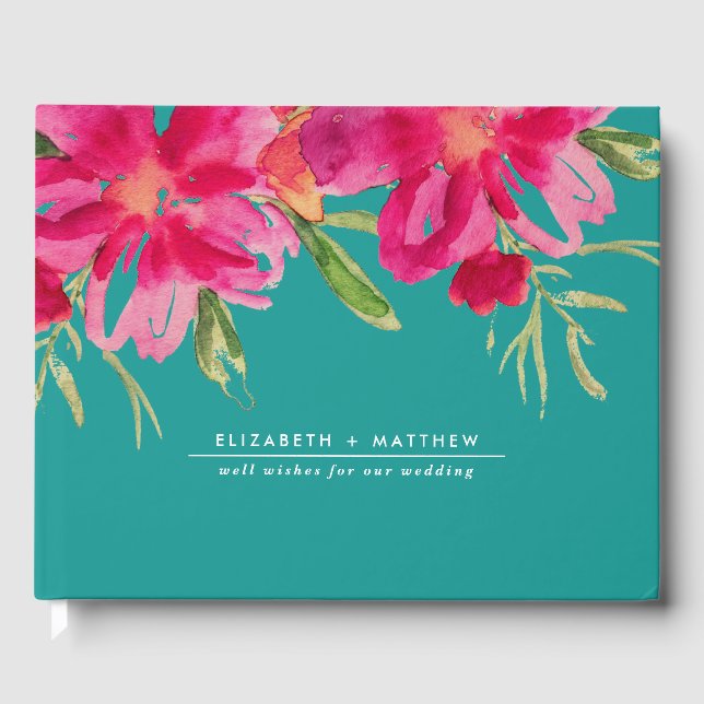 Turquoise | Fuchsia Floral Watercolor Wedding Guest Book (Front)