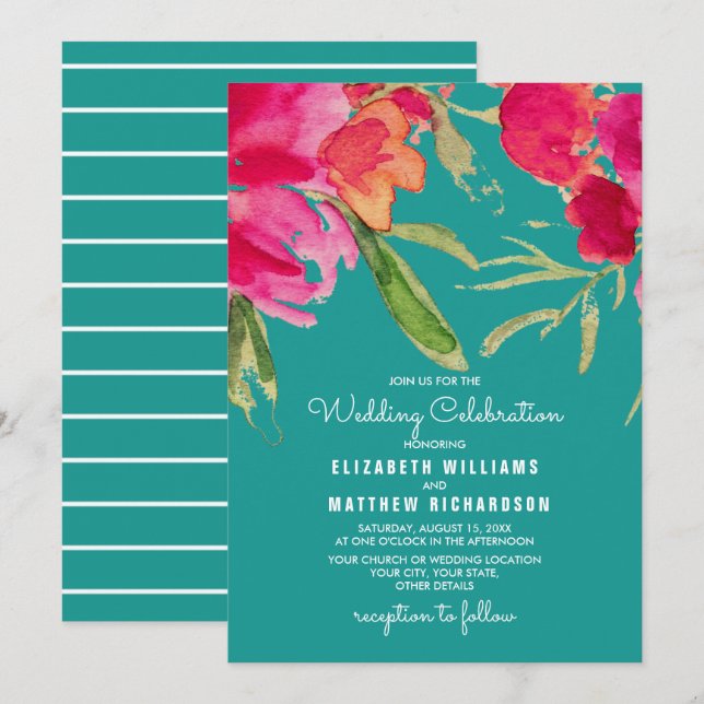 Turquoise Fuchsia Floral Watercolor Wedding  Invitation (Front/Back)