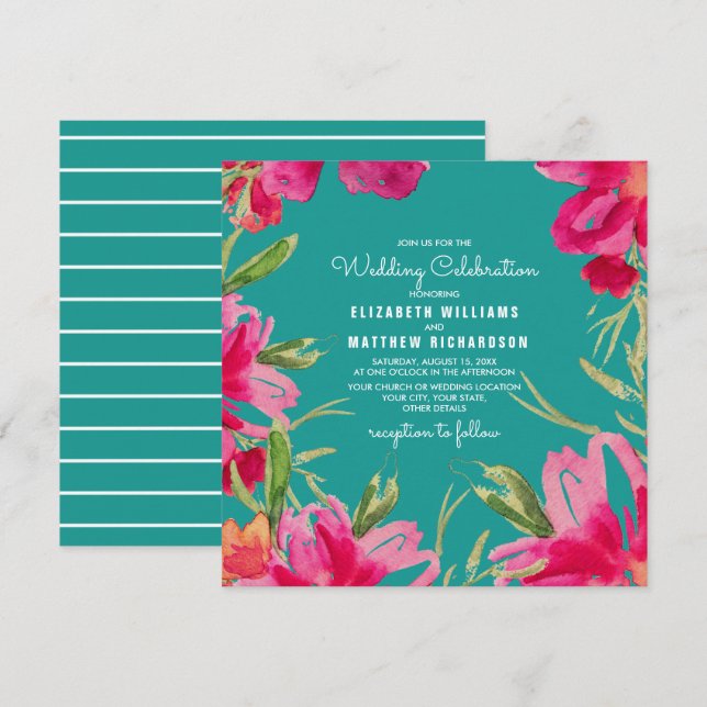 Turquoise Fuchsia Floral Watercolor Wedding  Invitation (Front/Back)