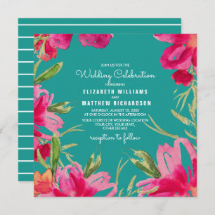 Turquoise Fuchsia Floral Watercolor Wedding Invitation