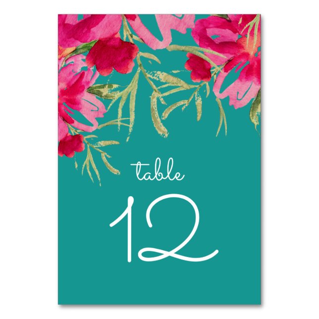 Turquoise Fuchsia Floral Watercolor Wedding  Table Number (Front)