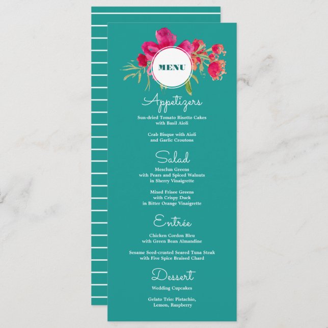 Turquoise Fuchsia Floral Wedding Menu Cards (Front/Back)