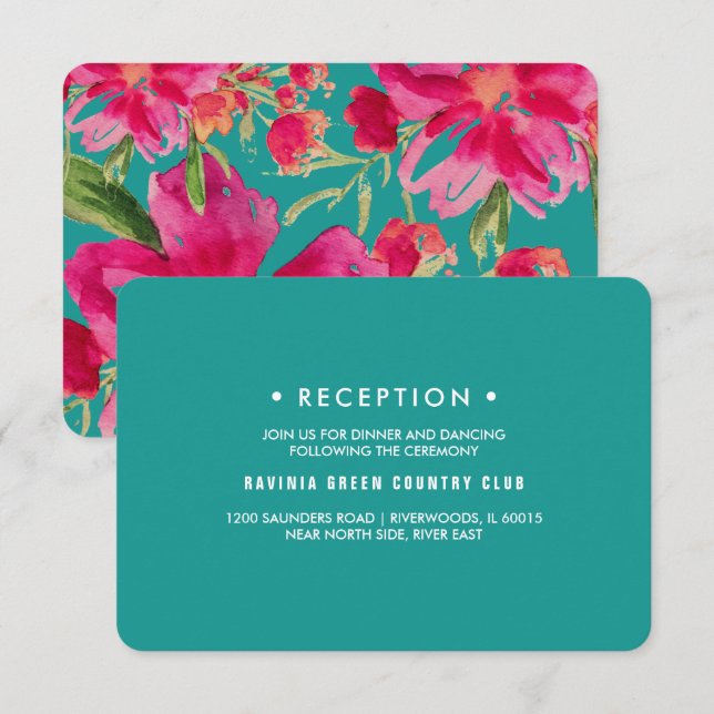 Turquoise Fuchsia Floral Wedding Reception Cards (Front/Back)