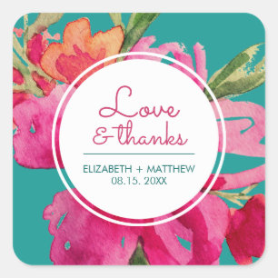 Turquoise Fuchsia Floral Wedding Thank You Square Sticker