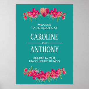 Turquoise  Fuchsia Floral Wedding Welcome Sign