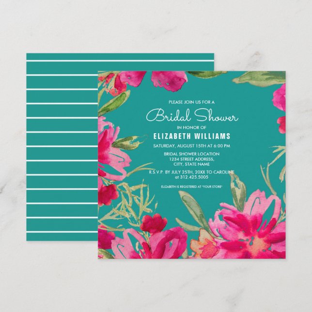 Turquoise Fuchsia Watercolor Floral Bridal Shower Invitation (Front/Back)