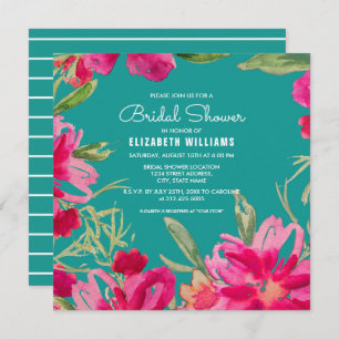 Turquoise Fuchsia Watercolor Floral Bridal Shower Invitation