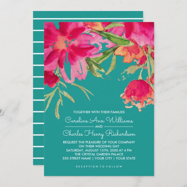 Turquoise Fuchsia Watercolor Floral Wedding Invitation (Front/Back)