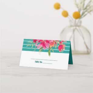 Turquoise Fuchsia Watercolor Floral Wedding Place Card