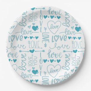 Turquoise Fun and Modern Love and Hearts Paper Plate