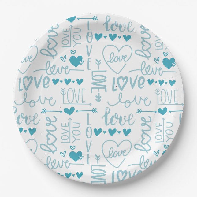 Turquoise Fun and Modern Love and Hearts Paper Plate (Front)
